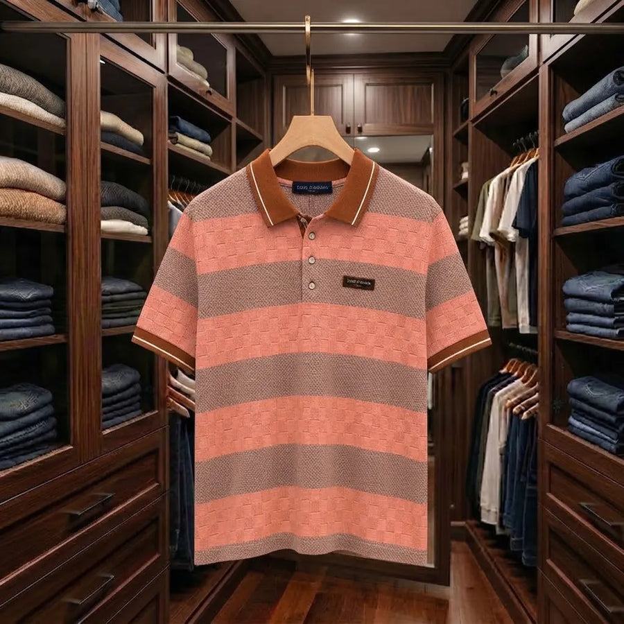 Men's Premium Peach & Taupe Textured Stripe Polo Shirt