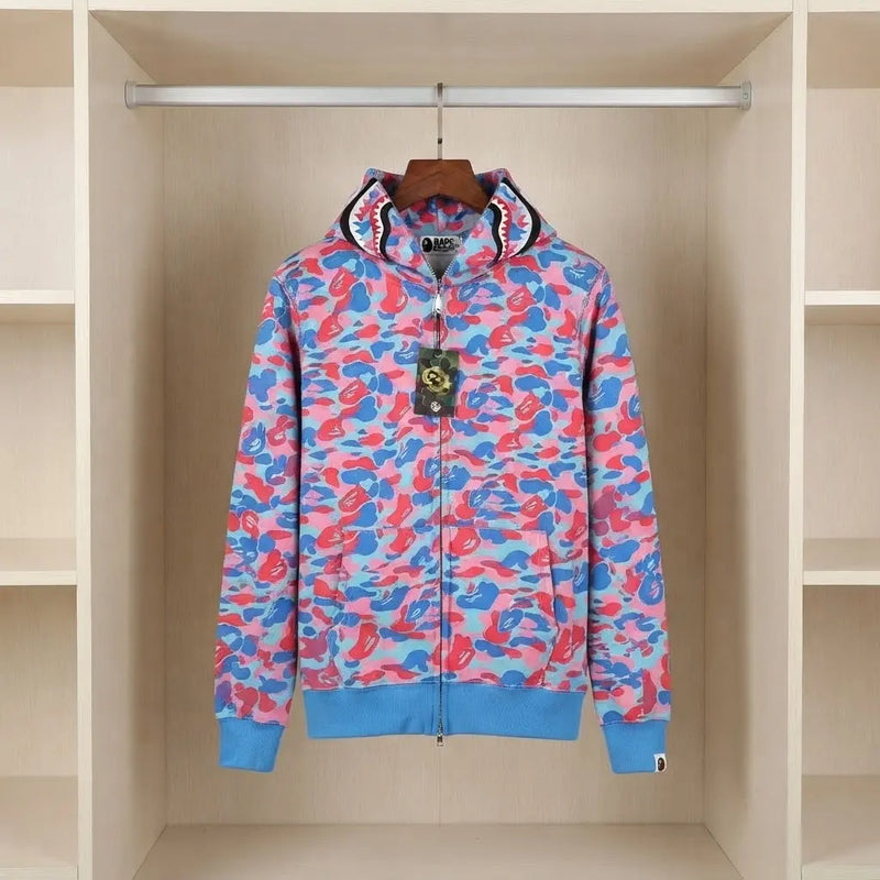 Pink Floral Camo Shark Full-Zip Hoodie with Shark-Detail Hood