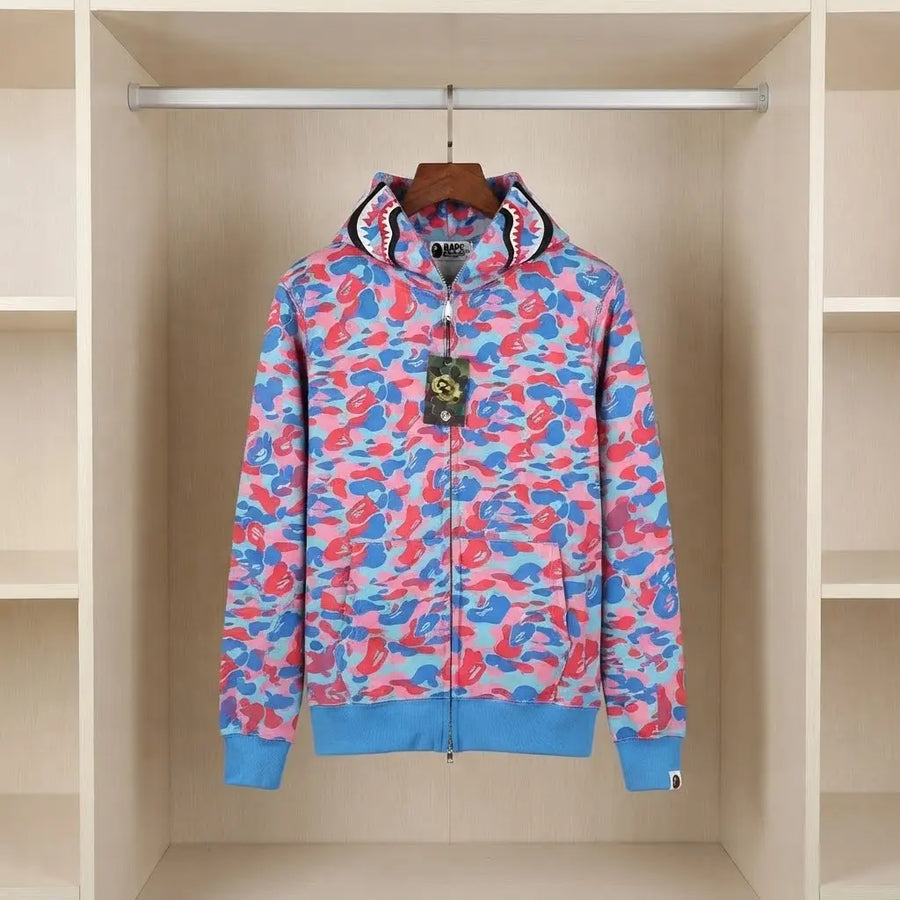 Pink Floral Camo Shark Full-Zip Hoodie with Shark-Detail Hood
