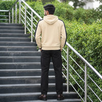 Men’s Beige Full-Zip Hoodie with Black Contrast Sleeve Panels view 3