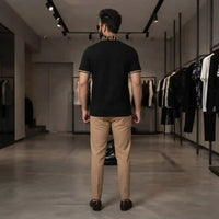 Men's Black Greek Key Trim Polo Shirt with Gold Crest Embroidery view 3